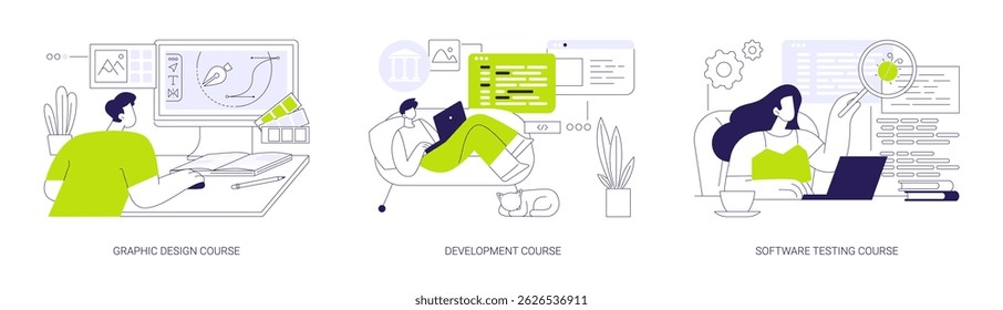 Professional IT courses isolated cartoon vector illustrations set. Graphic design, development and software testing online degree programs, distance learning, virtual education vector cartoon.