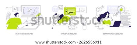 Professional IT courses isolated cartoon vector illustrations set. Graphic design, development and software testing online degree programs, distance learning, virtual education vector cartoon.