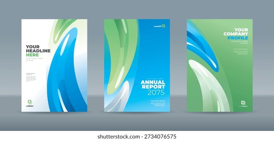 Plantilla de cubierta de Profesional con Formas fluidas abstractas en Gradientes azules y verdes con reflejos brillantes. Plantilla de la cubierta del libro del tamaño A4 para el informe anual, revista, folleto, propuesta, Cartera
