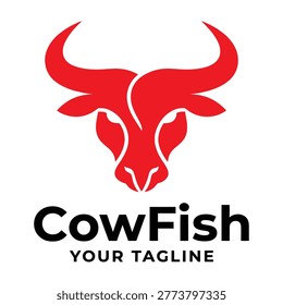 Professional Cow Fish logo template featuring a bold red bull head icon paired with clean black typography. Perfect for modern restaurant, steakhouse, or food branding.