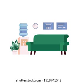 Professional and cozy waiting room design, sofa, plant ans water dispenser. Reseption at a clinic or an office with modern furniture. Vector illustration isolaned on white.