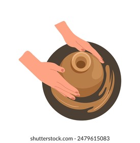 Professional craftsperson working at pottery class, view on human hands crafting clay vase