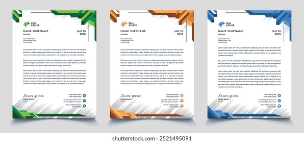 Modelo de design de papel timbrado corporativo profissional e criativo com azul, cinza, verde, amarelo, preto e vermelho. Limpar cabeça de carta, design de vetor de modelo de design de timbragem de imóveis