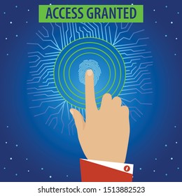 Professional and creative design of a hand with the digital finger scanning with the access granted message on green color. Simple and attractive design on blue color background.