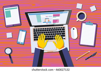 Professional creative graphic designer working at office desk, he is designing a vector illustration using a laptop art