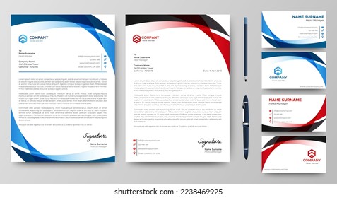 Professional creative letterhead and business card template. Modern a4 Business Letterhead Design. Red and Blue. Corporate business card branding identity. Vector