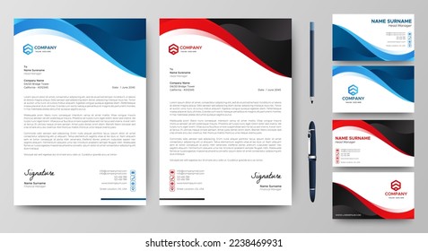 Professional creative letterhead and business card template. Modern a4 Business Letterhead Design. Red and Blue. Corporate business card branding identity. Vector