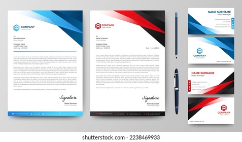 Professional creative letterhead and business card template. Modern a4 Business Letterhead Design. Red and Blue. Corporate business card branding identity. Vector