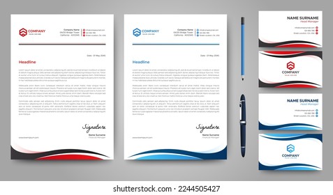 Professional creative letterhead and business card template. Modern a4 Business Letterhead Design. Red and Blue. Corporate business card branding identity. Vector	
