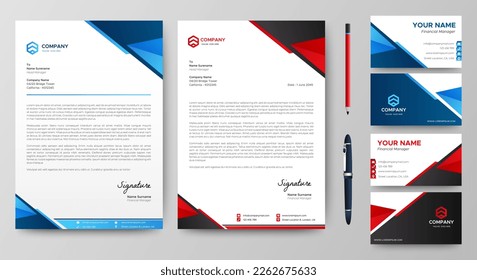 Professional creative letterhead and business card template. Modern a4 Business Letterhead Design. Red and Blue. Corporate business card branding identity. Vector	