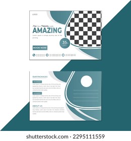 Diseño Profesional Y Creativo De Tarjetas Post De Viaje. Plantilla De Tarjeta Eddm Moderna Con Forma Resumen. Tarjeta de invitación de vacaciones. Agencia de viajes, Negocios, Vector, promoción, vacaciones, turismo. 