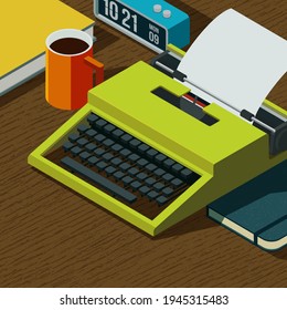 Professional creative writer workspace with vintage typewriter on a desktop, isometric illustration