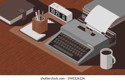 Professional Creative Writer Workspace With Vintage Typewriter On A Desktop, Isometric Illustration
