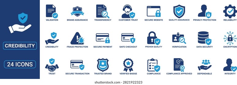 Professional credibility and trust icon set featuring secure payment, quality assurance, brand reliability, compliance, verification, encryption, data security, fraud protection, customer trust, privacy protection, and web safety symbols. Perfect for fintech, ecommerce, business websites, dashboards, and mobile apps.