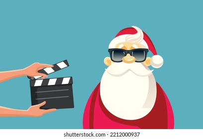 
Professional Crew Filming Christmas Movie Vector Cartoon Illustration  People shooting holiday commercial and cool Santa character
