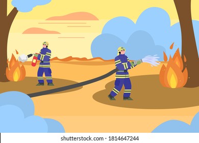 Professional Crew Of Firemen Fighting Fire In Wildland Forest Using Water Hose And Wearing Special Uniform With Helmet, Flat Cartoon Vector Illustration