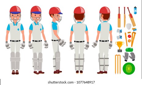 Professional Cricket Player Vector. Equipped Players. Pads, Bats, Helmet. Isolated On White Cartoon Character Illustration