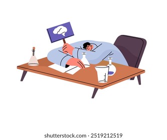 Crise profissional, conceito de esgotamento criativo. Cientista cansado com pouca energia, sem ideias, falta de inspiração. Homem em depressão, frustração na mesa. Ilustração de vetor isolado plano em branco