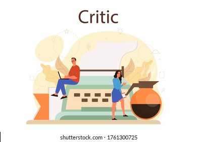 Professional critic concept. Journalist making review and ranking food and literature. Creative hobby or profession. Flat vector illustration