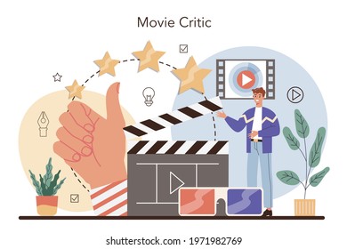 Professional Critic Concept. Journalist Making Review And Ranking Movie. Specialist Making An Opinion Of Creative Works. Flat Vector Illustration