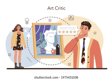 Professional critic concept. Journalist making review and ranking art. Specialist making an opinion of creative works. Flat vector illustration