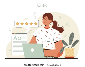 Professional critic concept. Journalist making review and ranking food or art. Specialist making an opinion of creative works. Flat vector illustration