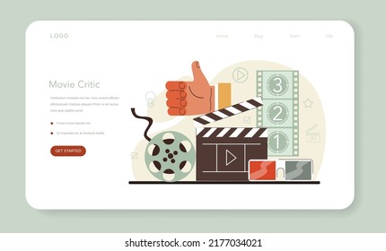 Banner web o página de inicio de concepto crítico profesional. Periodista haciendo reseña y clasificando la comida o el arte. Especialista opinando sobre trabajos creativos. Ilustración vectorial plana