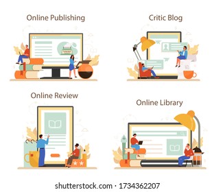 Professional Critic Online Service Or Platform Set. Journalist Making Review And Ranking Food And Literature. Online Publishing, Blog, Review And Library. Flat Vector Illustration