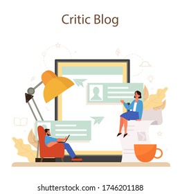 Servicio o plataforma profesional crítico en línea. Periodista haciendo reseña y clasificando los alimentos y la literatura. Blog en línea. Ilustración vectorial plana