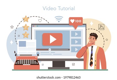 Professional critic online service or platform. Journalist making review and ranking food or art. Opinion of creative works. Video tutorial. Flat vector illustration