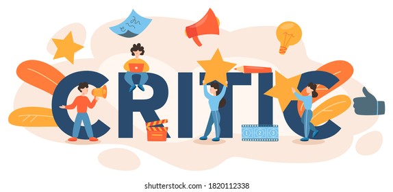Encabezado tipográfico crítico profesional. Periodista haciendo reseña y clasificando películas y literatura. Hobby creativo o profesión. Ilustración vectorial plana