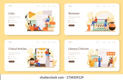 Professional Critic Web Banner Or Landing Page Set. Journalist Making Review And Ranking Food And Literature. Creative Hobby Or Profession. Flat Vector Illustration