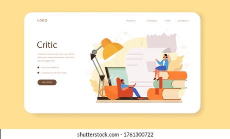 Professional critic web banner or landing page. Journalist making review and ranking food and literature. Creative hobby or profession. Flat vector illustration