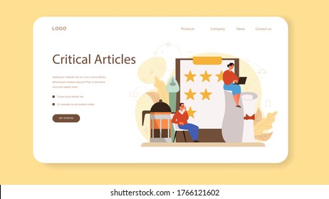 Banner web o página de inicio de crítica profesional. Periodista haciendo reseña y clasificando los alimentos y la literatura. Hobby creativo o profesión. Ilustración vectorial plana