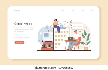 Banner web o página de inicio de crítica profesional. Periodista haciendo reseña y clasificando la comida o el arte. Especialista haciendo un artículo crítico sobre trabajos creativos. Ilustración vectorial plana