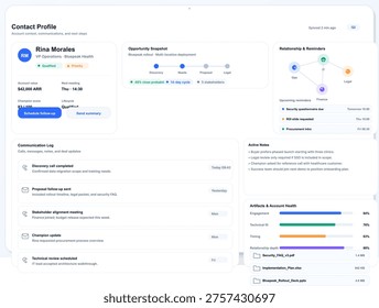 A professional CRM dashboard interface showing a detailed contact profile with opportunity snapshots, communication logs, account health metrics, and relationship reminders.