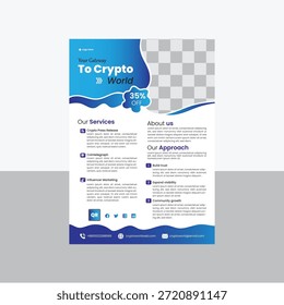 Profissional Criptografia Moeda Flyer Modelo Blockchain Tecnologia Business Brochura Design Ativos Digitais e Bitcoin Folheto de Investimento com Layout Geométrico Azul Moderno