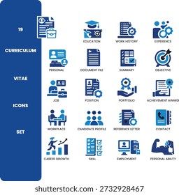 Professioneller Lebenslauf und Lebenslauf Vektorsymbol in einem sauberen flachen blauen Stil gesetzt. Dieses Icon Pack enthält moderne Symbole für die Einstellung und Karriere, wie Qualifikationen, Ausbildung, Arbeitsverlauf, Erfahrung, Karrierezuwachs, persönliches Profil, Lebenslauf, Zusammenfassung, Ziel, Portfolio, Position, Bewerber, Leistung, Zertifikat, Beschäftigung, Bewerber, Referenz, Kontaktinformationen, Fähigkeit, Qualifikation, Checklistenbewertung, Interviewprozess und Zustimmungsüberprüfung. Entwickelt mit einfachen geometrischen Formen, konsistenten Proportionen und modernem UI-Symboldesign. Die Symbole sind in einem gepflegten Raster auf weißem Hintergrund angeordnet. Ideal für Recruitment-Plattformen, HR-Systeme, Jobportale, Karriere-Websites, Dashboards, mobile Apps, Präsentationen und professionelle Branding-Projekte. Skalierbare Vektorgrafik mit hoher Auflösung, geeignet für die gewerbliche Nutzung.