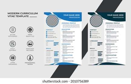 Professional curriculum vitae template design, skills are shown through bar. Image can use in the circle, a4 size two color variation template. well organized, fully editable design, vector eps 10