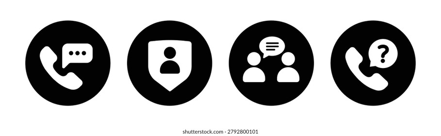 Professional customer communication icon set featuring phone messaging, user account profile, team discussion, and customer help symbols. Ideal for websites, mobile applications, CRM systems, customer support centers, contact pages, online services, help desks, SaaS platforms, and business communication interfaces.