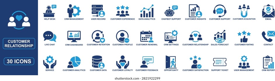 Professional customer relationship and CRM icon set featuring customer support, client management, customer retention, customer experience, CRM dashboards, help desk, live chat, sales forecasting, analytics, feedback, loyalty, contact management, and service symbols. Ideal for business software, websites, mobile apps, and dashboards.