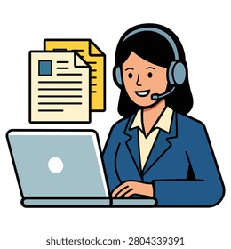 Professional customer support agent wearing a headset while working on a laptop with documents displayed in the background. Clean modern vector illustration ideal for customer service call centers technical support online assistance business communication and help desk branding.