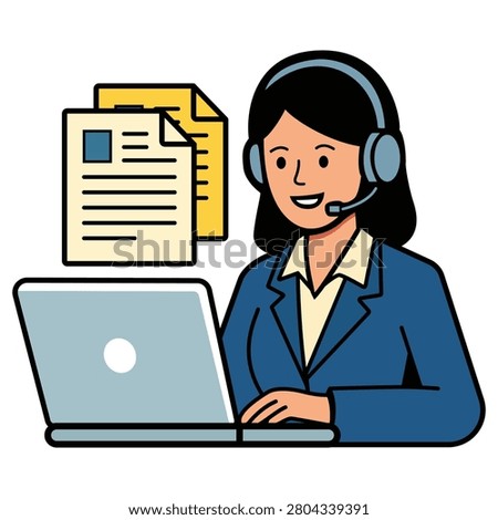 Professional customer support agent wearing a headset while working on a laptop with documents displayed in the background. Clean modern vector illustration ideal for customer service call centers technical support online assistance business communication and help desk branding.