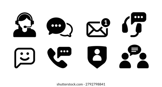 Professional customer support icon set featuring help desk agent, live chat, email notification, customer service headset, feedback, phone support, user profile, messaging, and communication symbols. Ideal for websites, mobile apps, SaaS platforms, CRM systems, call centers, technical support, customer experience interfaces, and business communication projects.