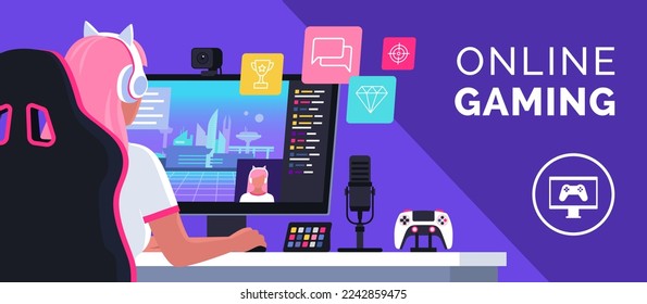 Professional cute gamer girl playing video games online: video games live streaming platform concept