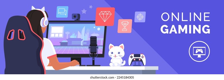 Professional cute gamer girl playing video games online: video games live streaming platform concept