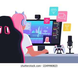 Professional cute gamer girl playing video games online: video games live streaming platform concept