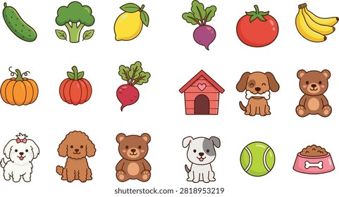 A professional cute vector icon collection featuring fresh organic fruits vegetables and adorable domestic puppy dogs with pet supplies