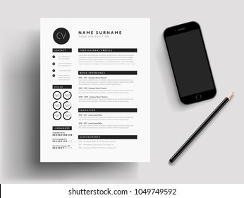 Professional CV / Resume Modern Mockup, Mobile Phone, Pencil Stationary. Job Search Illustration. Black And White High Quality Vector