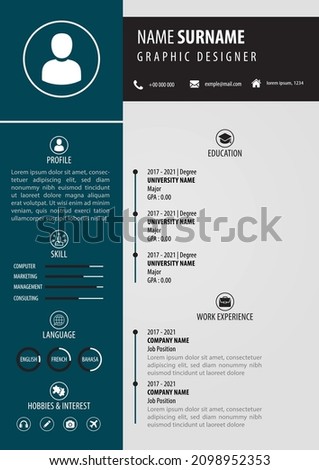 Professional CV - Resume Template. Blue white background color. Modern minimalist curriculum vitae design vector
